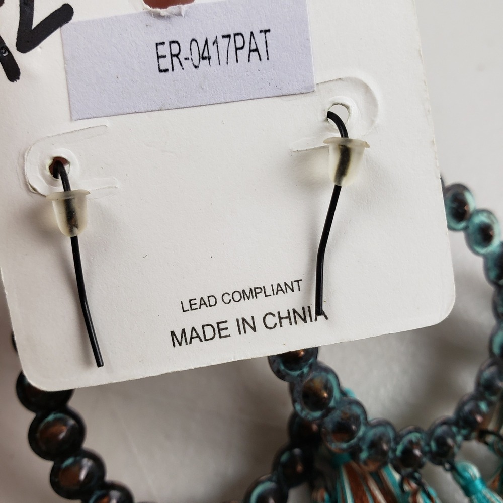 Boho Teal Brown Tassel Statement Earrings AB Crystal Copper Verdigris Boho Chic - Picture 4 of 7